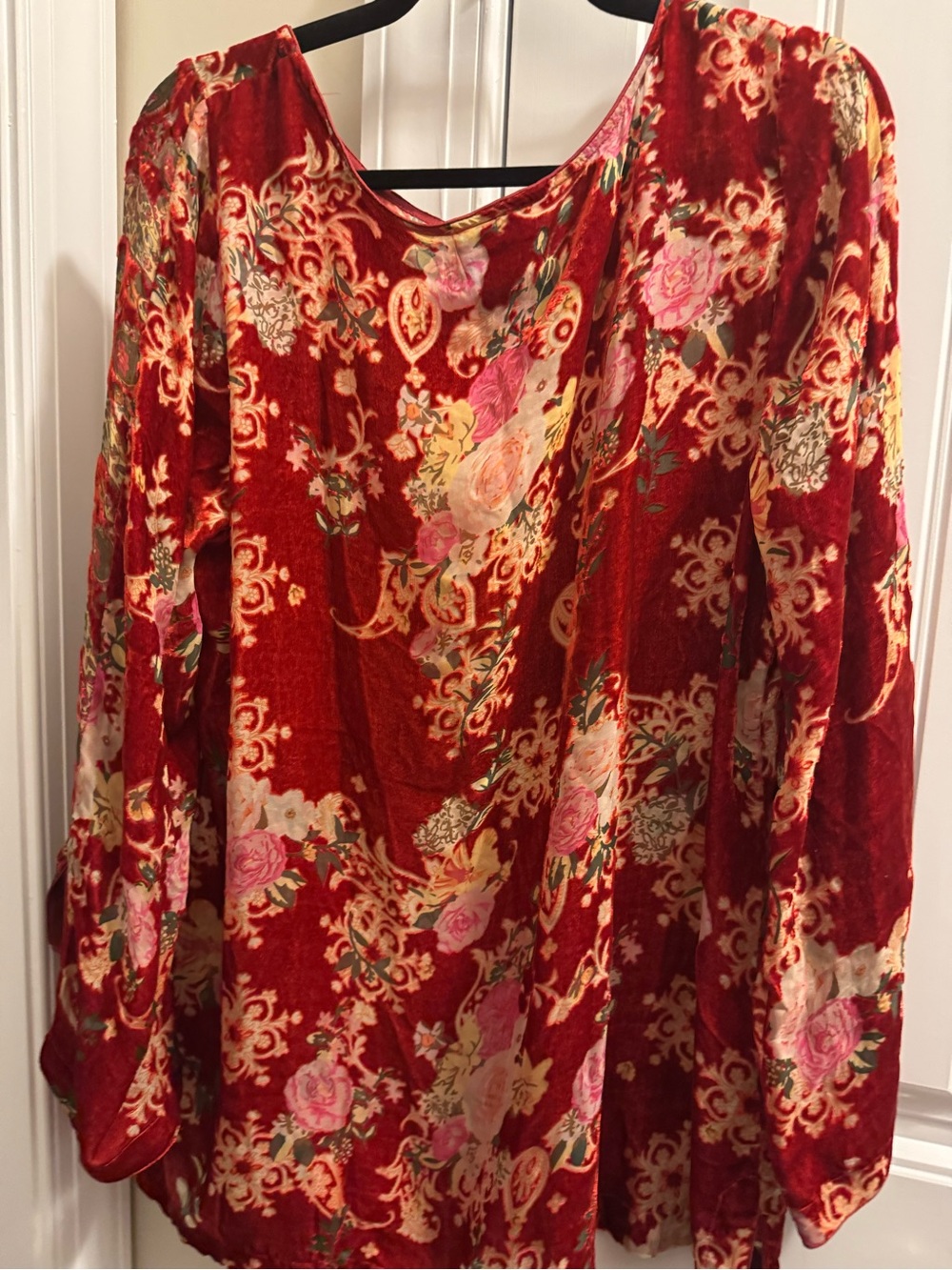 Johnny Was Red Floral Velvet Tunic with Pink & Cream Accents